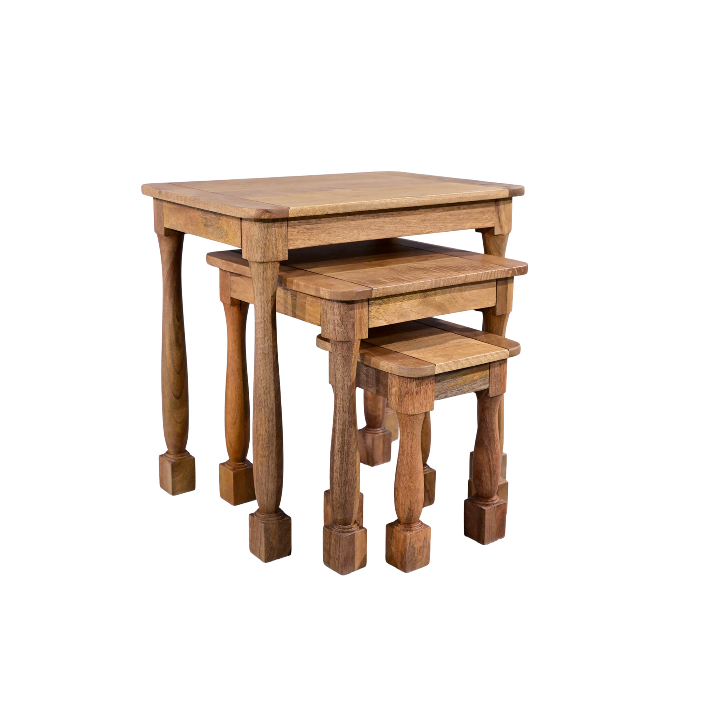 Set of three wooden nesting tables on a white background