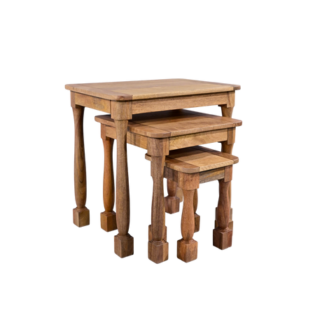 Set of three wooden nesting tables on a white background