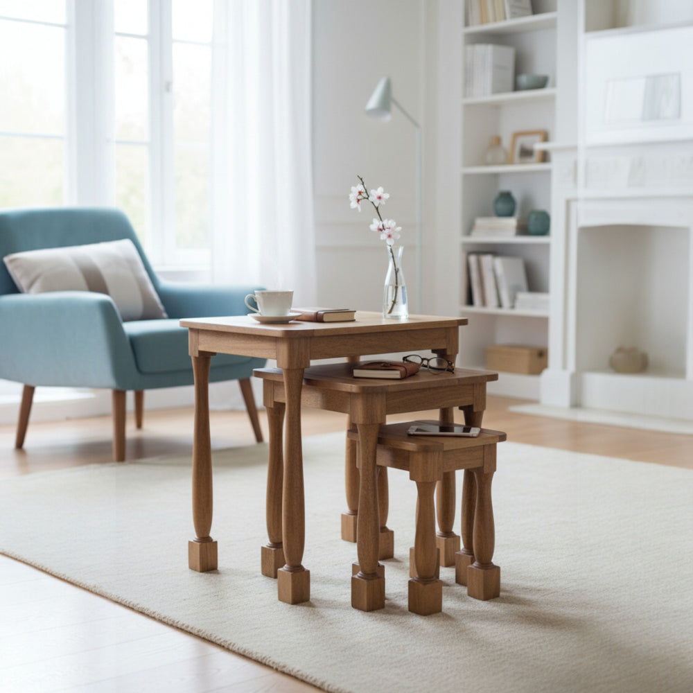 Wooden dining table with chairs in a bright living room