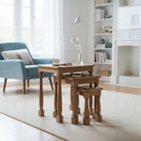 Wooden dining table with chairs in a bright living room