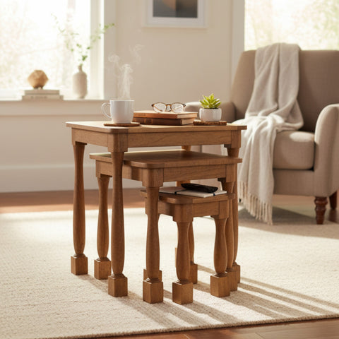 Wooden nesting tables in a living room setting with a couch and decor items.