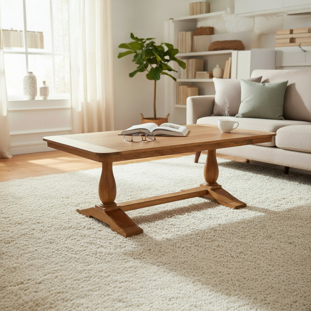 Wooden coffee table in a living room with a couch and books in the background