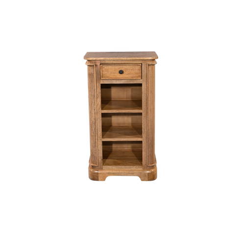 Wooden side table with a drawer on a white background