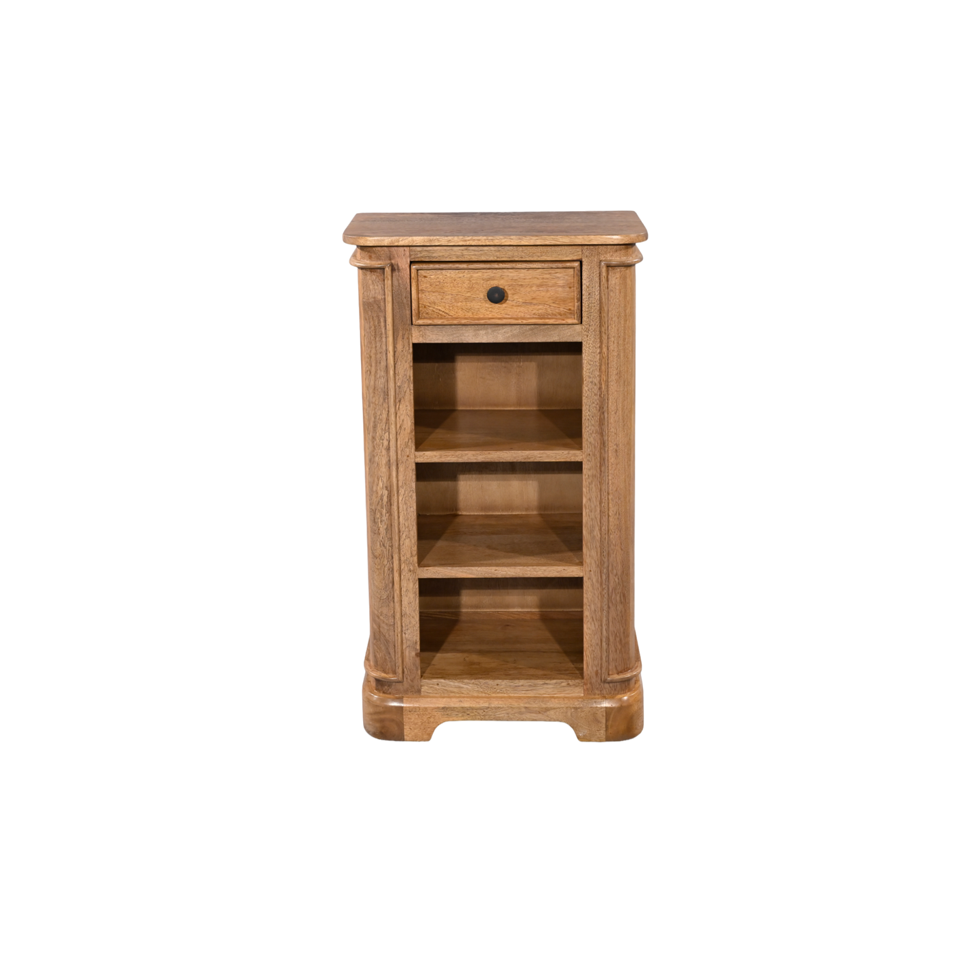 Wooden side table with a drawer on a white background