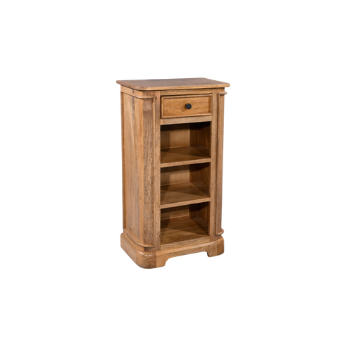 Wooden bookshelf with a drawer on a white background