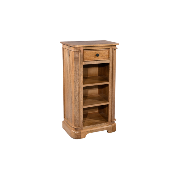 Wooden bookshelf with a drawer on a white background