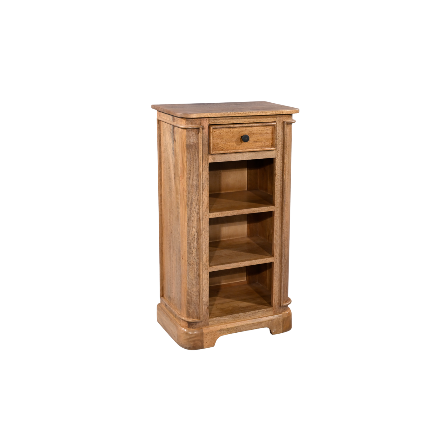 Wooden bookshelf with a drawer on a white background