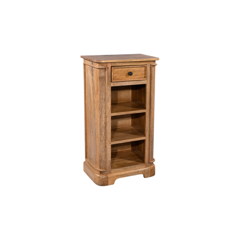 Wooden bookshelf with a drawer on a white background