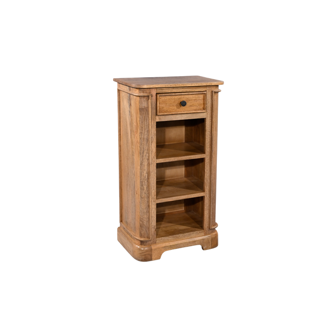Wooden bookshelf with a drawer on a white background