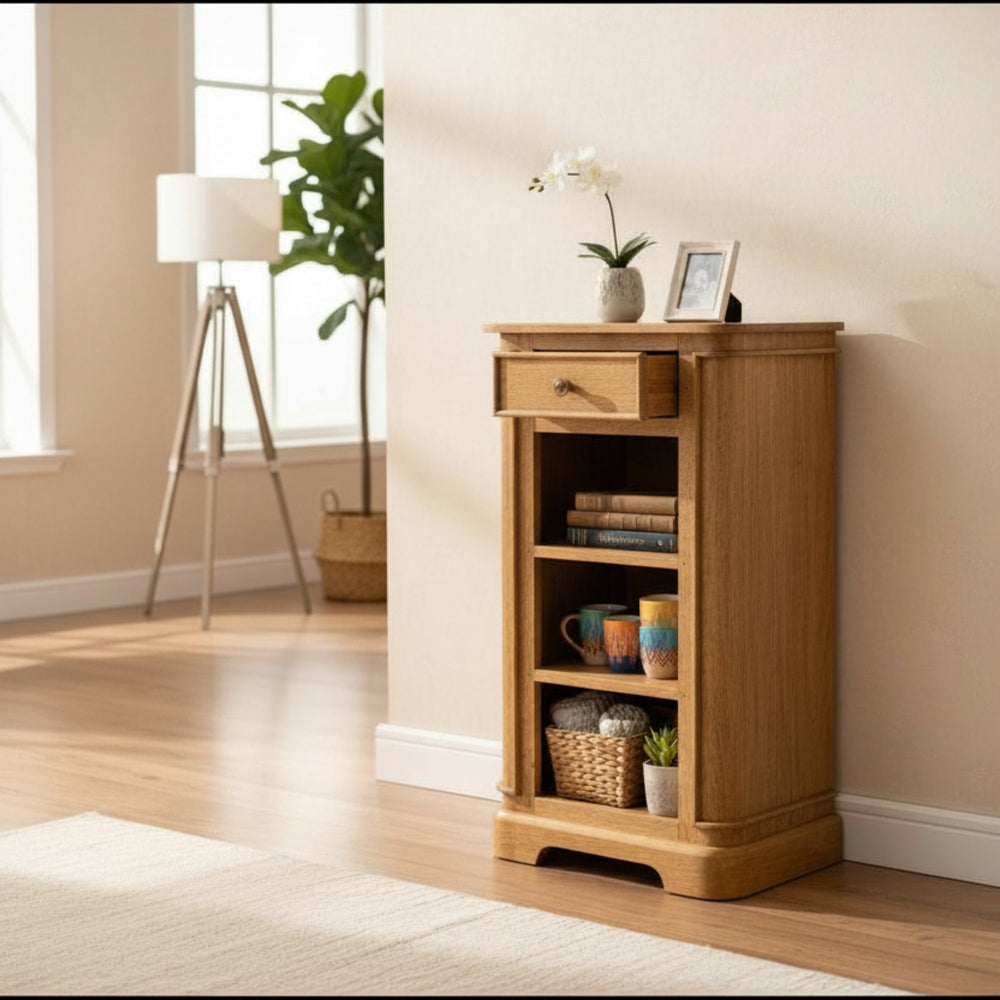 Wooden side table with shelves in a room setting