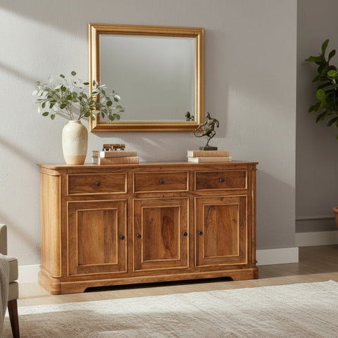 Wooden sideboard with decorative items and a mirror in a room setting.