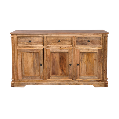 Wooden sideboard with three drawers and three doors on a white background