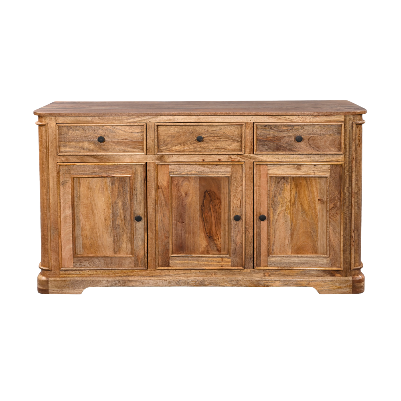 Wooden sideboard with three drawers and three doors on a white background