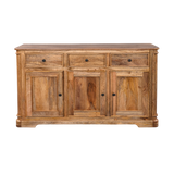 Wooden sideboard with three drawers and three doors on a white background