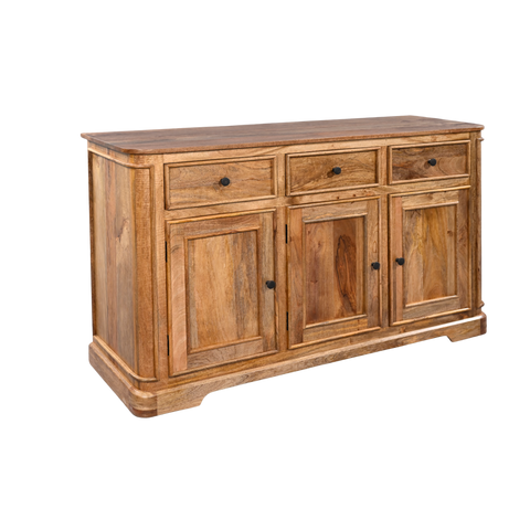 Wooden sideboard with drawers and doors on a white background