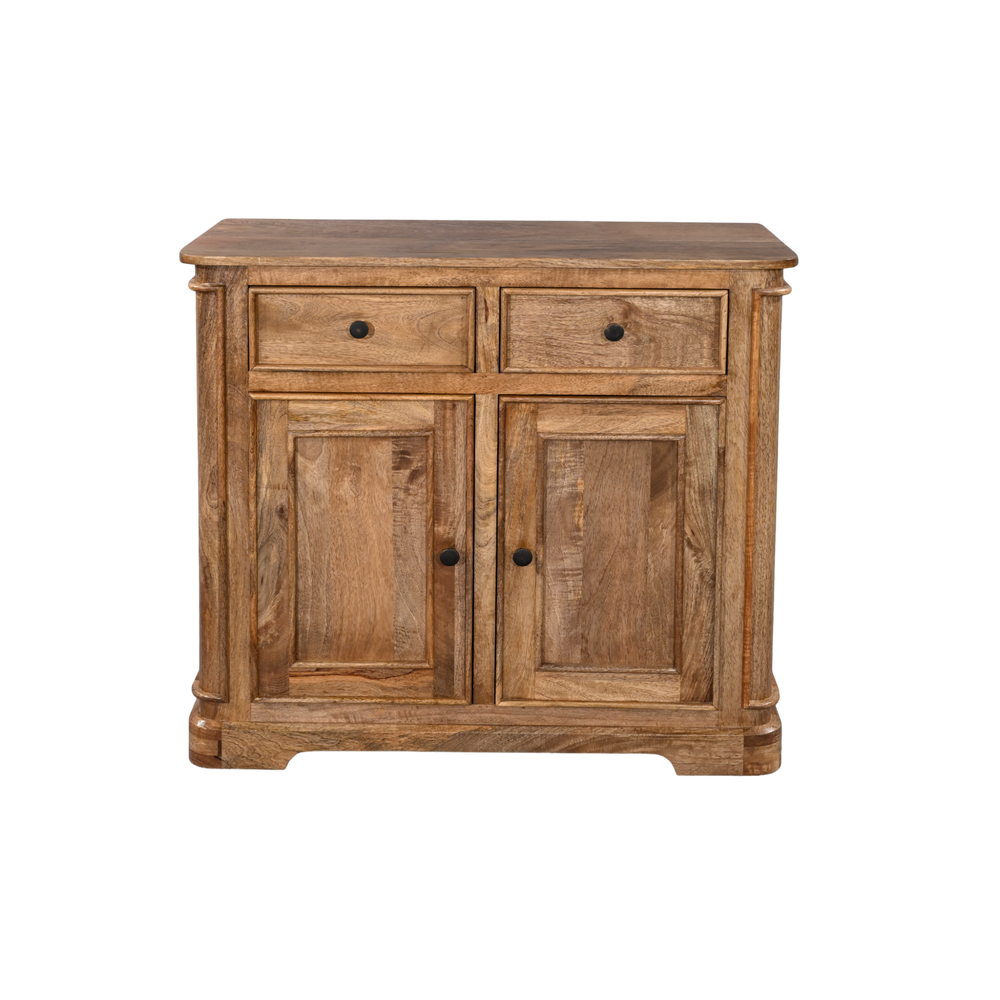 Wooden sideboard with two doors and two drawers on a white background