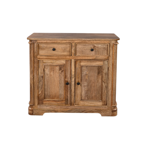Wooden sideboard with two doors and two drawers on a white background