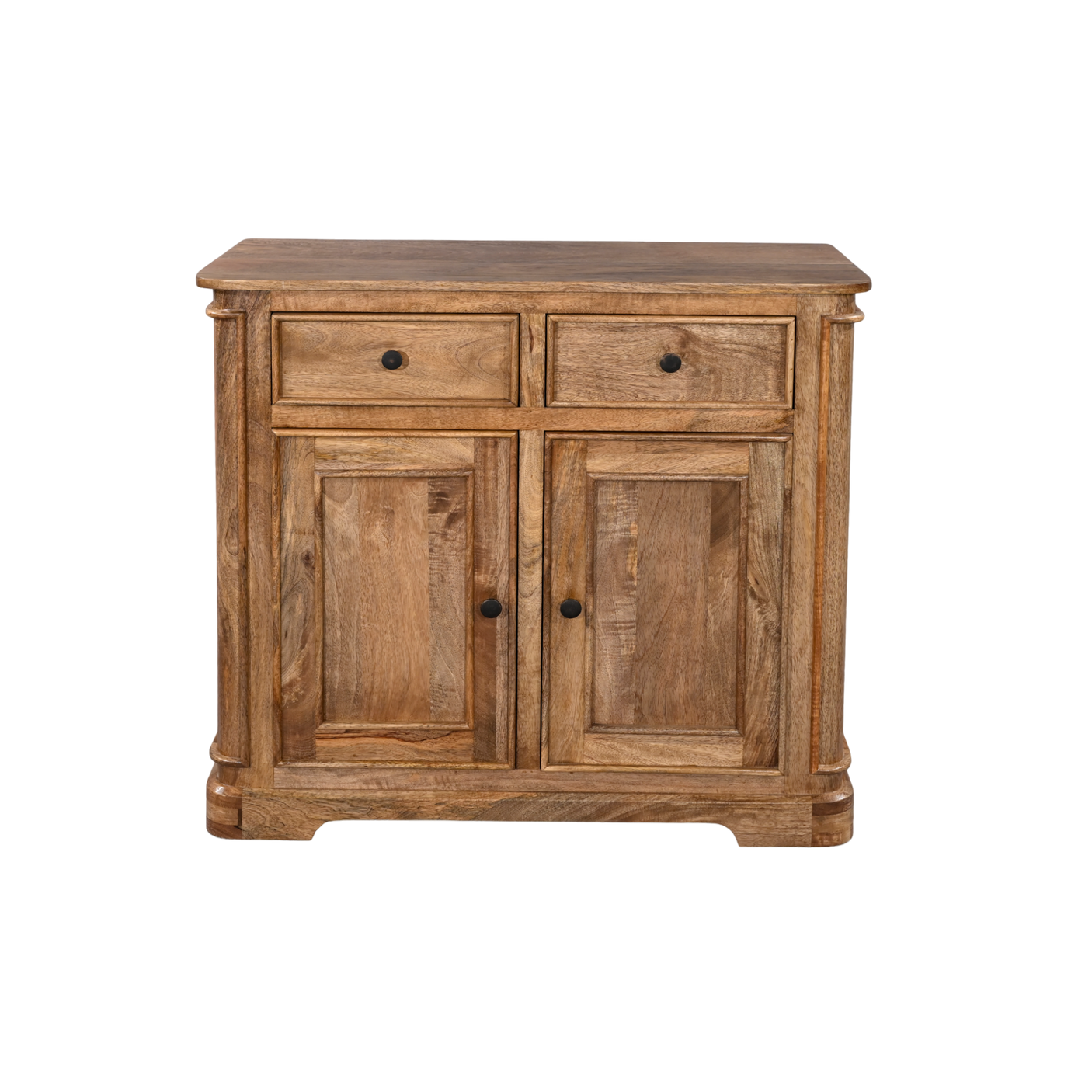 Wooden sideboard with two doors and two drawers on a white background