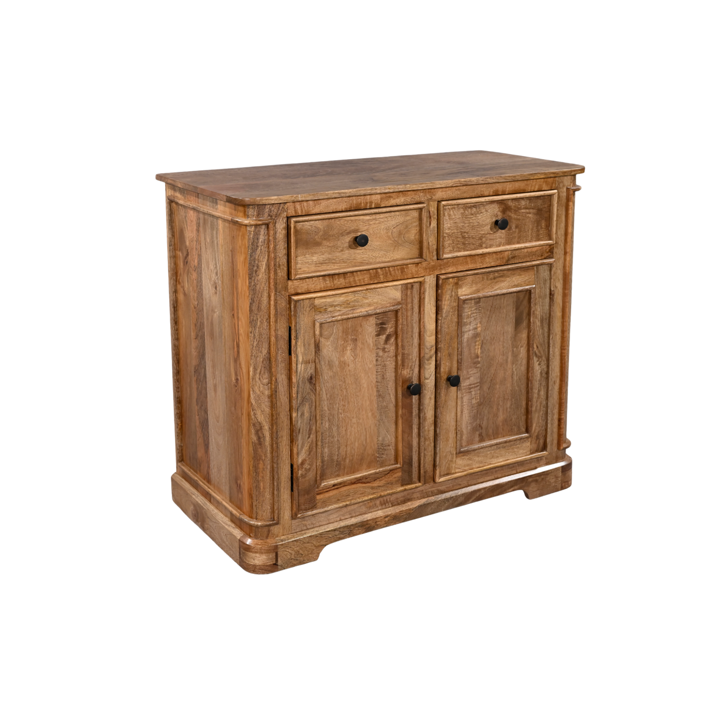 Wooden sideboard with two doors and two drawers on a white background