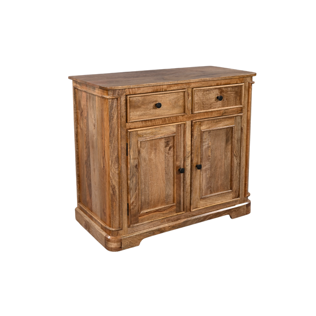 Wooden sideboard with two doors and two drawers on a white background