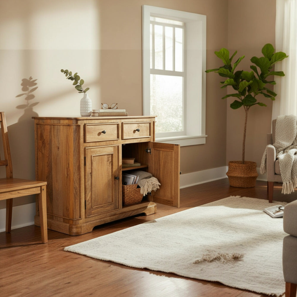 Wooden sideboard in a living room with a rug and chair