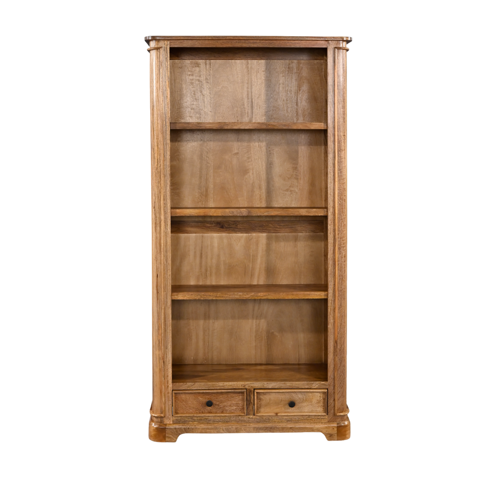 Wooden bookshelf with four shelves and two drawers on a white background