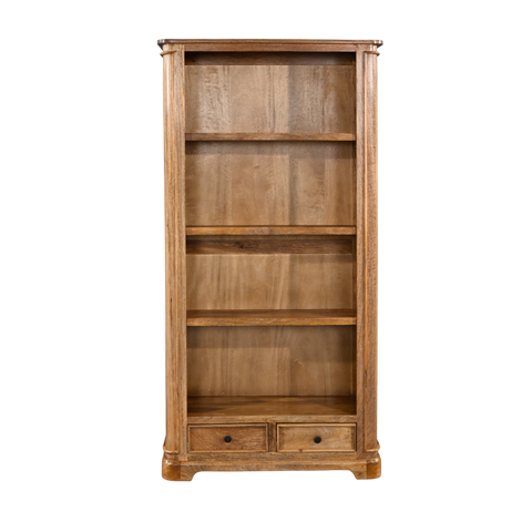 Wooden bookshelf with four shelves and two drawers on a white background