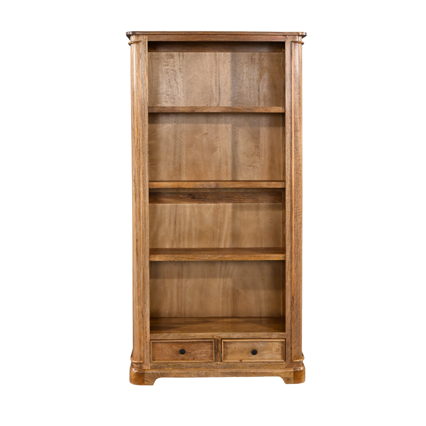 Wooden bookshelf with four shelves and two drawers on a white background