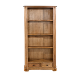 Wooden bookshelf with four shelves and two drawers on a white background