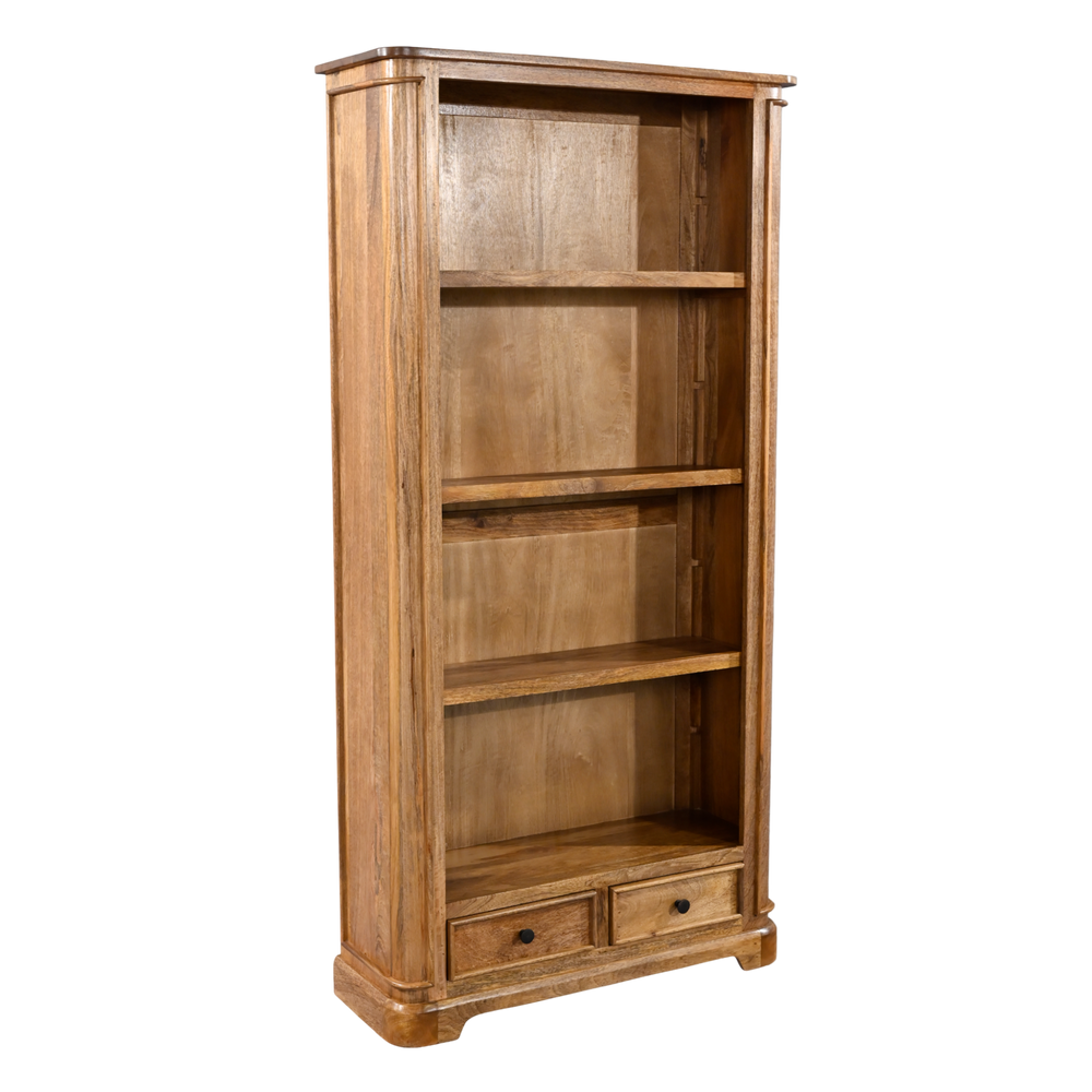Wooden bookshelf with four shelves and two drawers on a white background