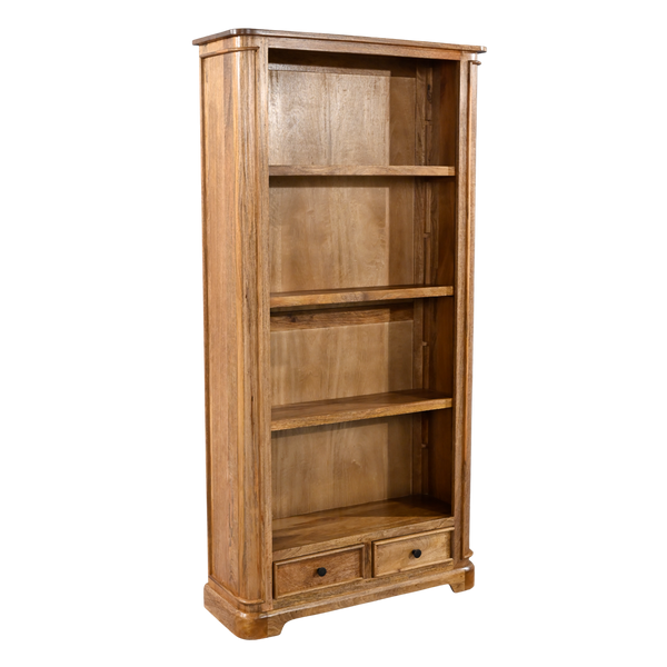 Wooden bookshelf with four shelves and two drawers on a white background