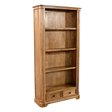 Wooden bookshelf with four shelves and two drawers on a white background