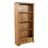 Wooden bookshelf with four shelves and two drawers on a white background