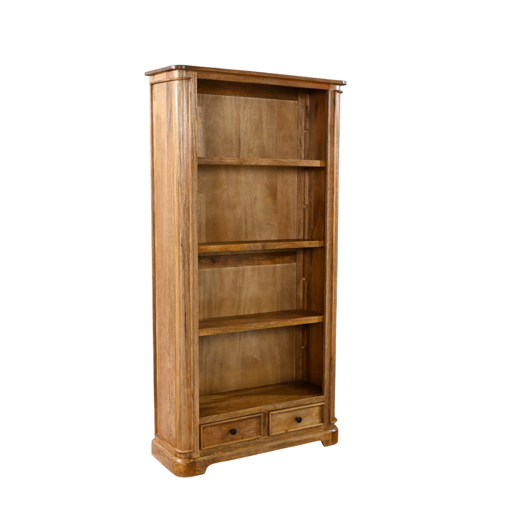 Wooden bookshelf with four shelves and two drawers on a white background