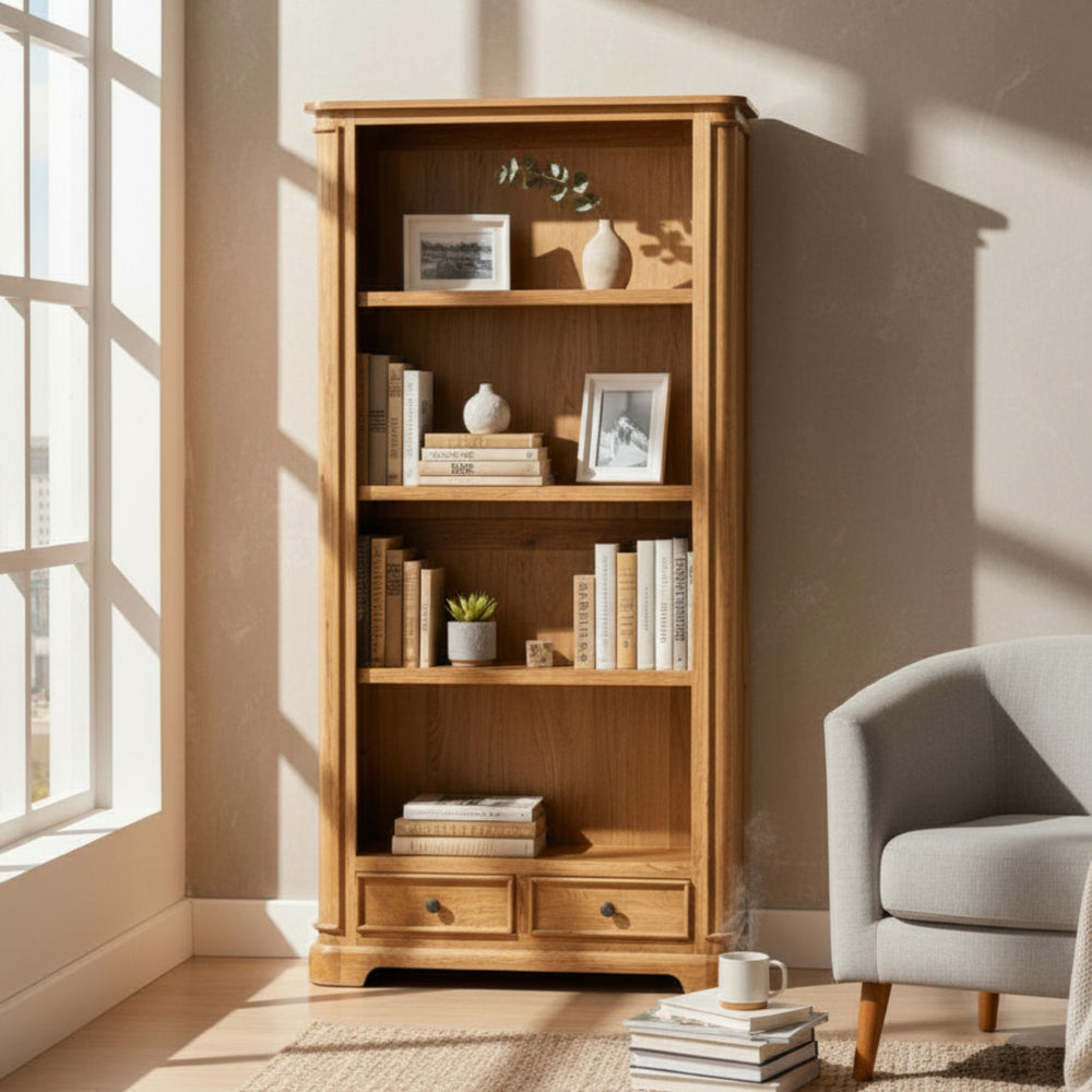 Wooden bookshelf with books and decor items in a room with a window and chair.