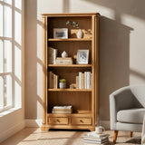 Wooden bookshelf with books and decor items in a room with a window and chair.