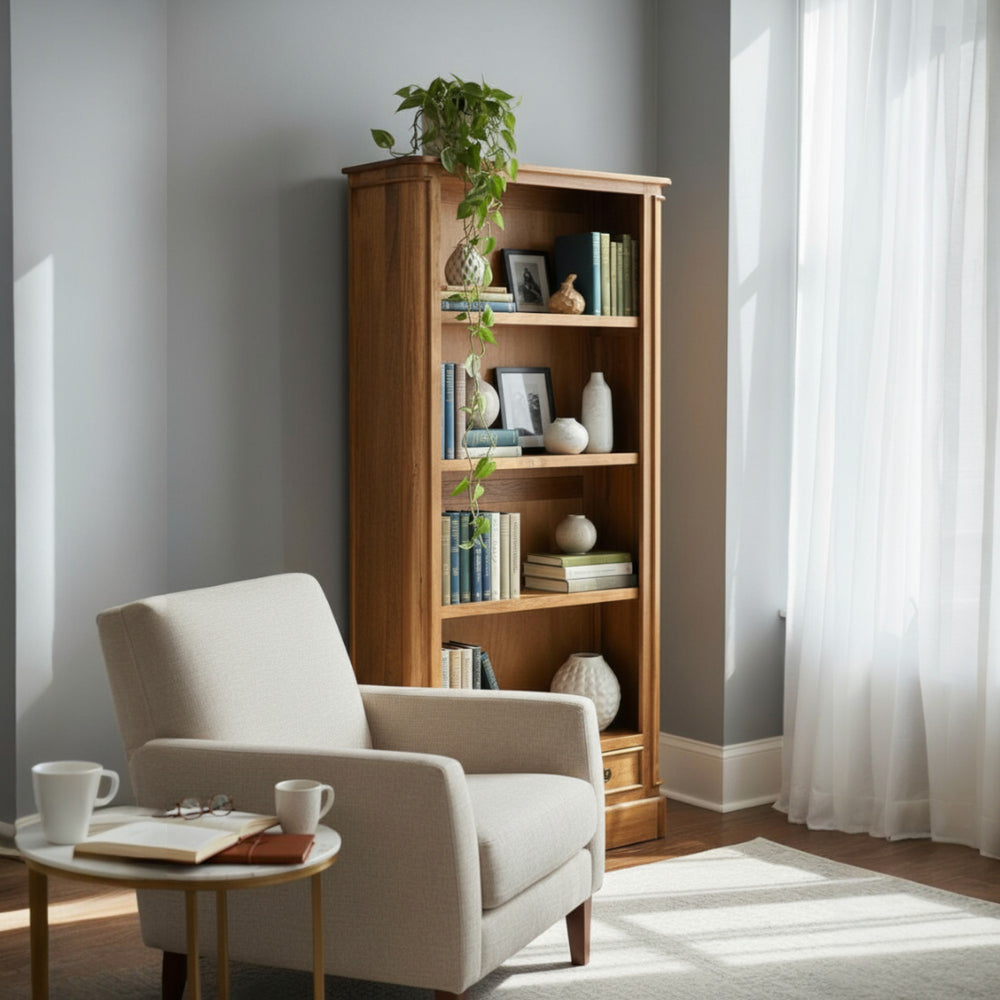 Living room with a beige armchair, wooden bookshelf, and a window with white curtains.