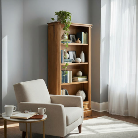 Living room with a beige armchair, wooden bookshelf, and a window with white curtains.