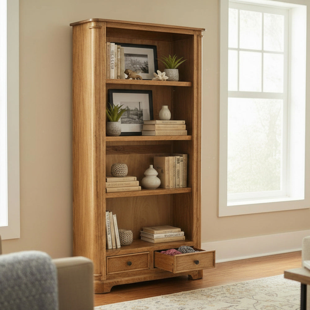 Wooden bookshelf with decorative items in a room with a window