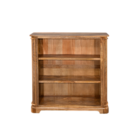 Wooden bookshelf with four shelves on a white background
