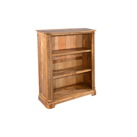Wooden bookshelf with three shelves on a white background