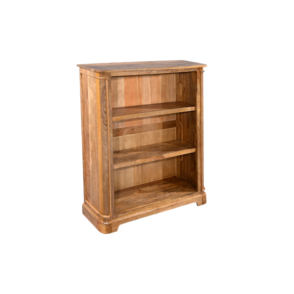 Wooden bookshelf with three shelves on a white background