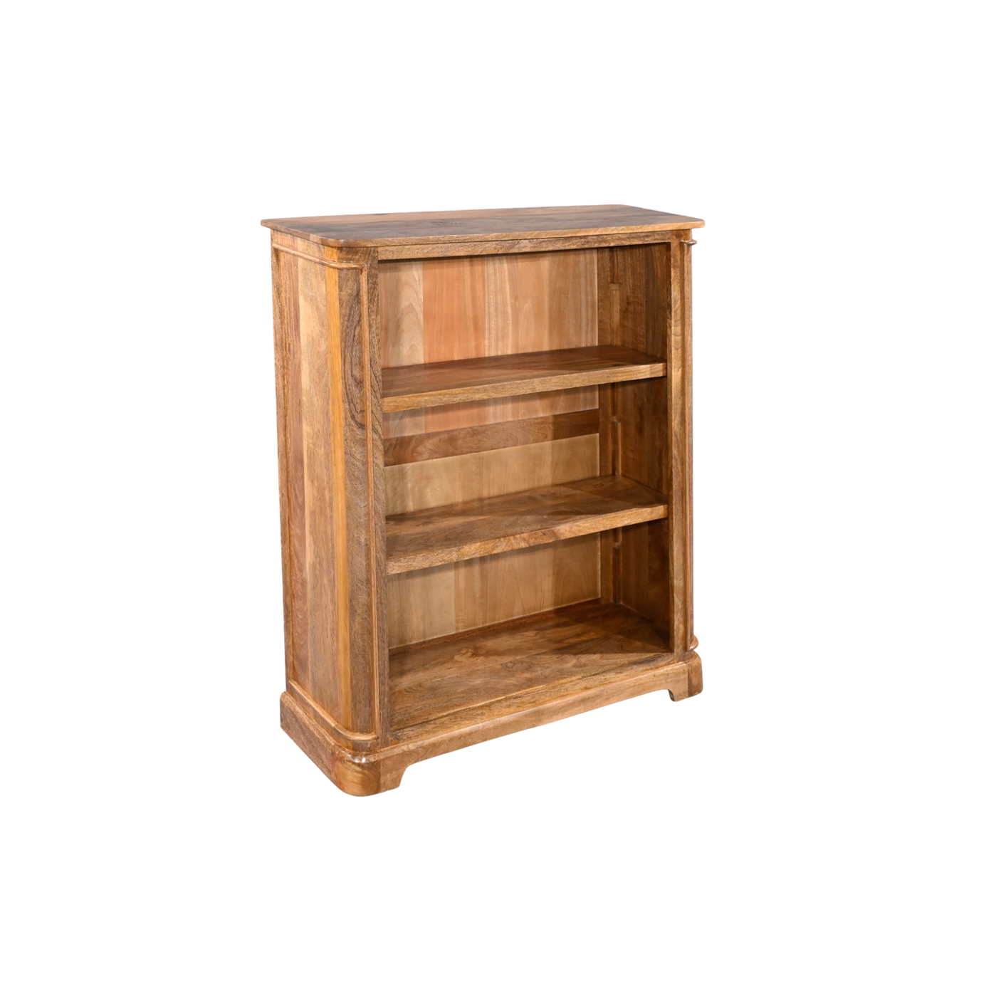 Wooden bookshelf with three shelves on a white background
