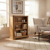 Wooden bookshelf with books and decor in a bright room