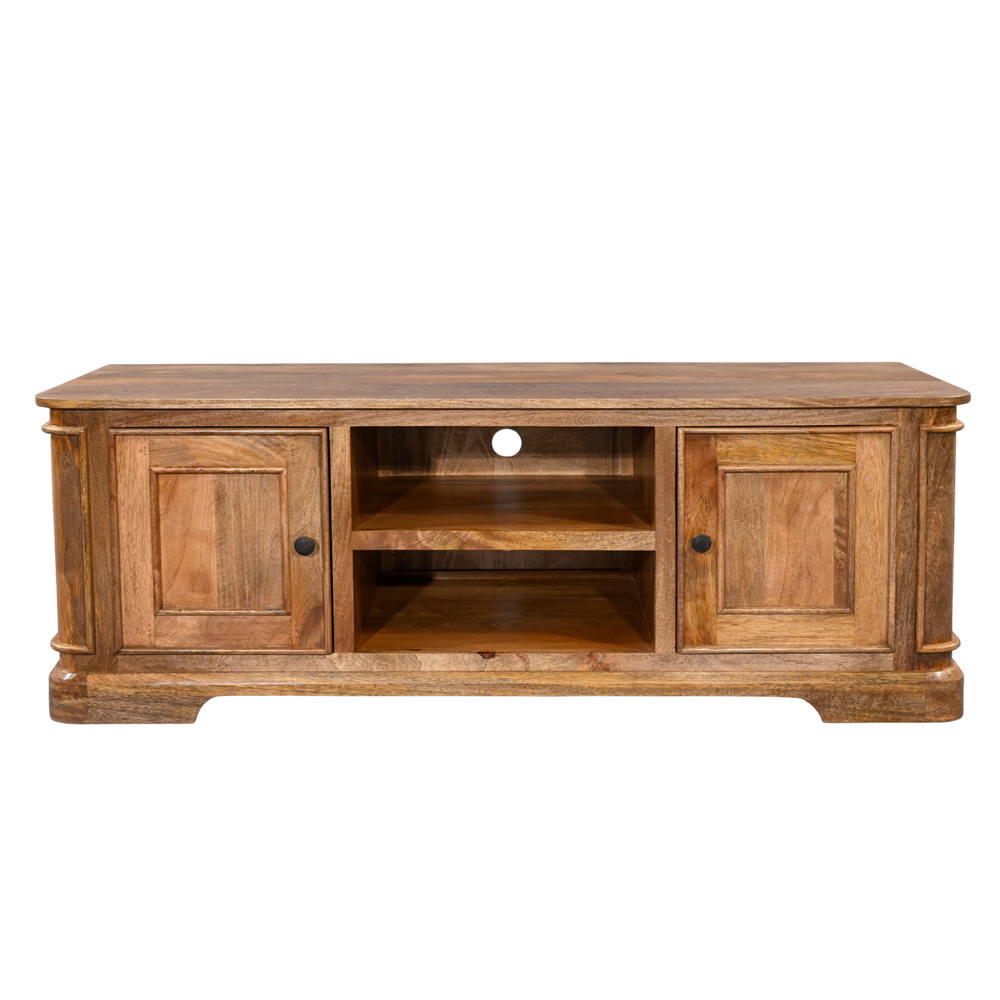 Wooden TV stand with two cabinets and an open shelf on a white background