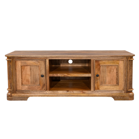 Wooden TV stand with two cabinets and an open shelf on a white background