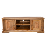 Wooden TV stand with two cabinets and an open shelf on a white background