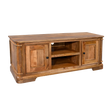 Wooden TV stand with two cabinets and an open shelf on a white background