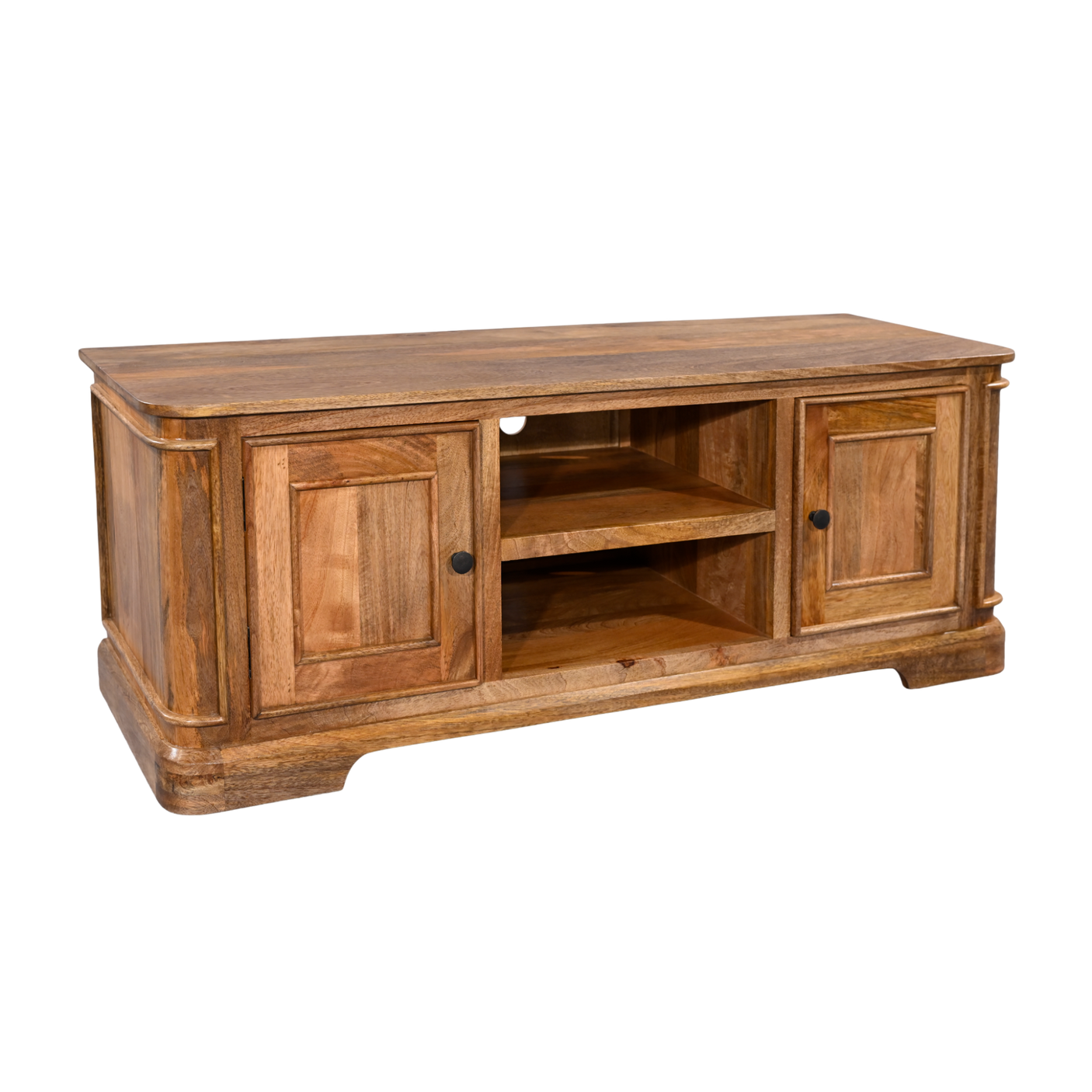 Wooden TV stand with two cabinets and an open shelf on a white background