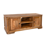 Wooden TV stand with two cabinets and an open shelf on a white background